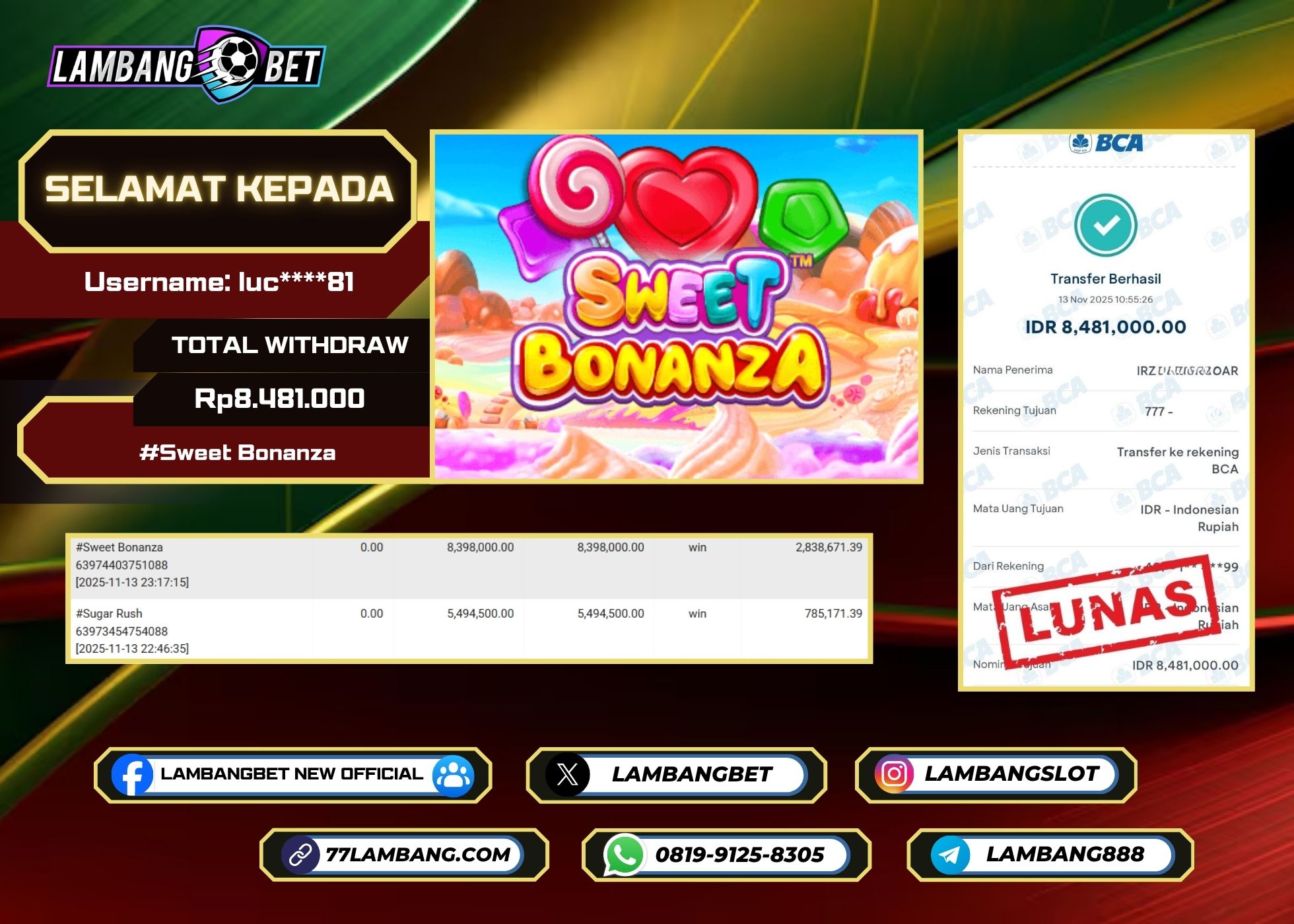 LAMBANGBET [14 NOVEMBER 2025] JACKPOT SLOT Sweet Bonanza "Rp8.481.000" LUNAS